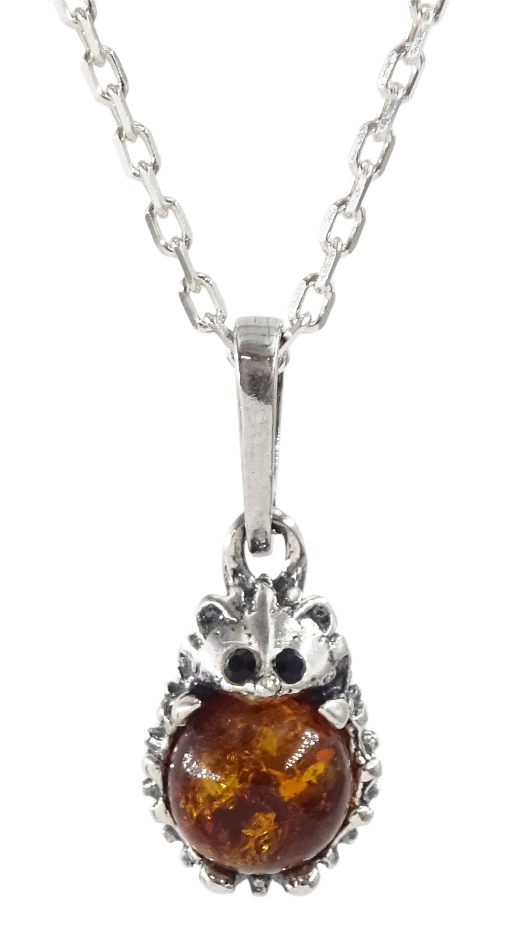 Silver Baltic amber hedgehog pendant necklace, stamped 925 