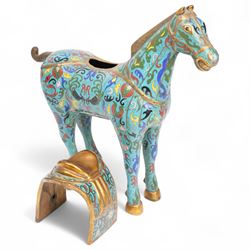Pair of Chinese 20th century cloisonne Tang style horses with removeable saddles H35cm and a cloisonne and gilt metal koro