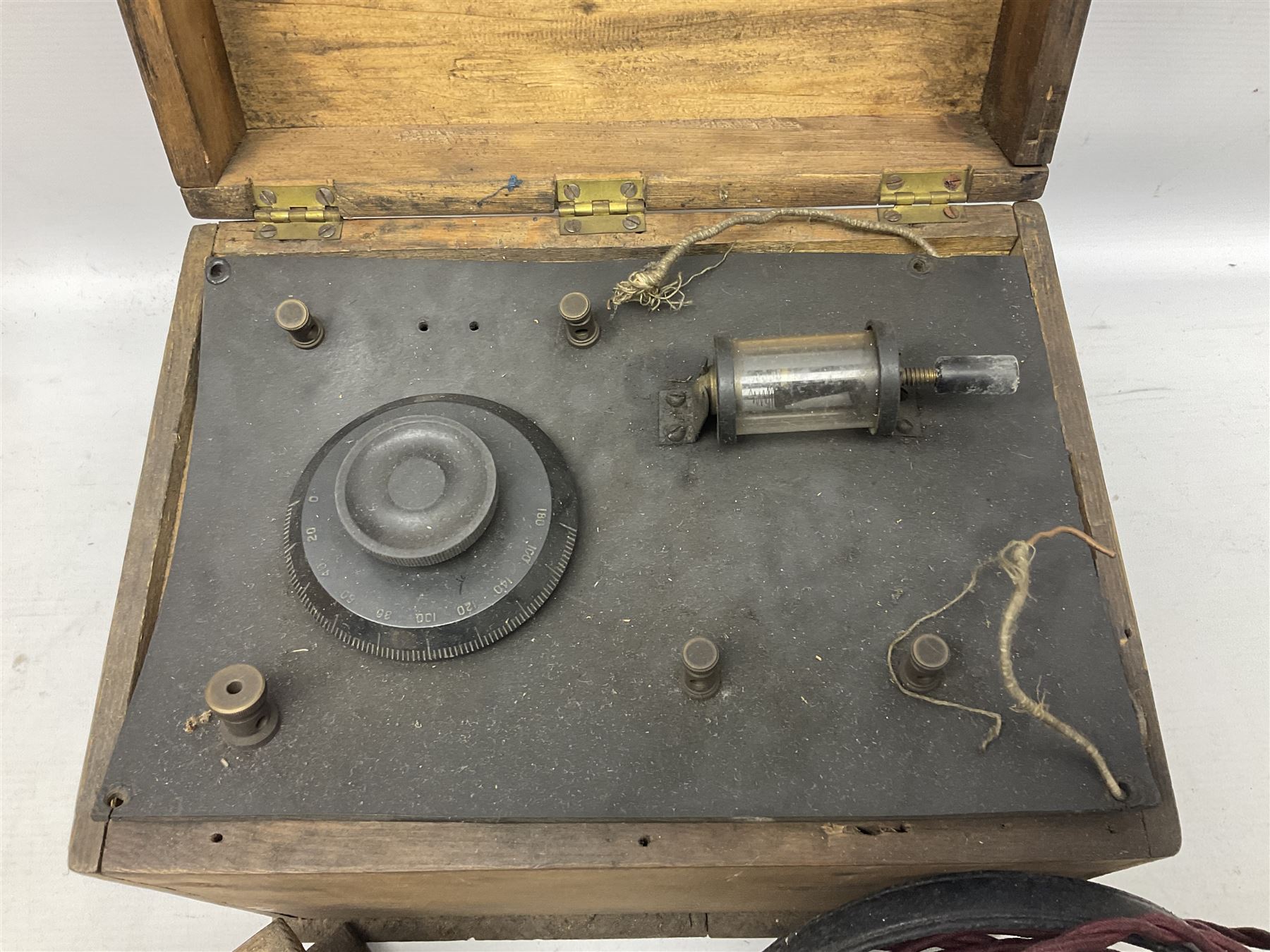 Crystal radio set, housed in pine case with headphones
