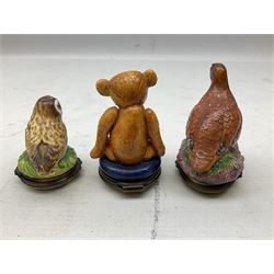 Three Halcyon Days enamel bonbonnieres, the first example modelled as an owl, second as a grouse, and third as a teddy bear, unboxed 