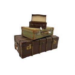 Three vintage cases, including an early 20th century wooden bound suitcase 