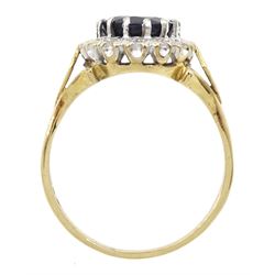 9ct gold oval cut sapphire and diamond cluster ring, hallmarked