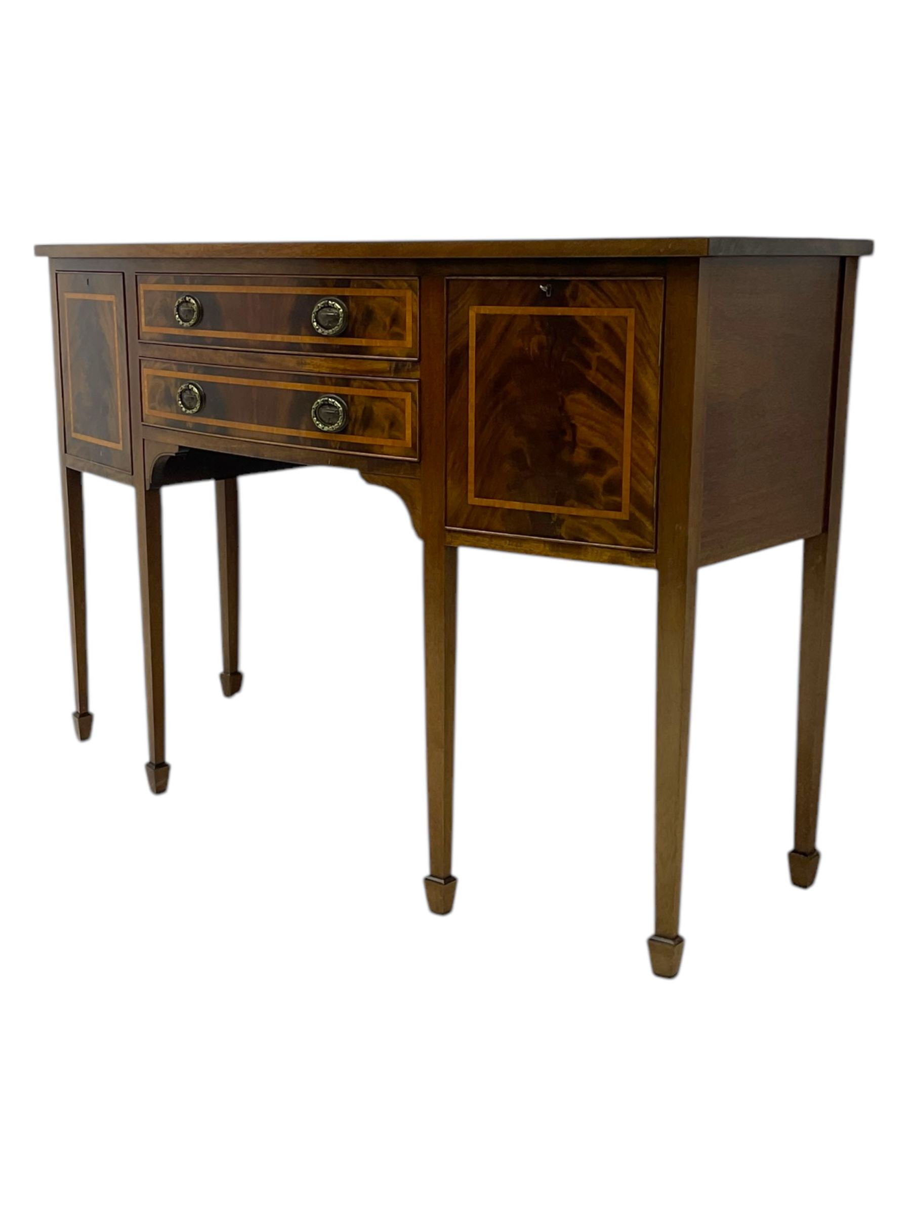 Georgian design mahogany and satinwood banded bow-front sideboard, fitted with two drawers and flanking cupboards, on square tapering supports with spade feet 
