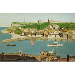 John A Lynch (British 20th century): 'Whitby' East Cliff, oil on board signed, titled and dated 1976 verso 50cm x 75cm