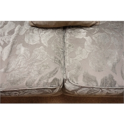  Knole drop side four seat sofa, upholstered in a purple and grey floral fabric, W255cm  