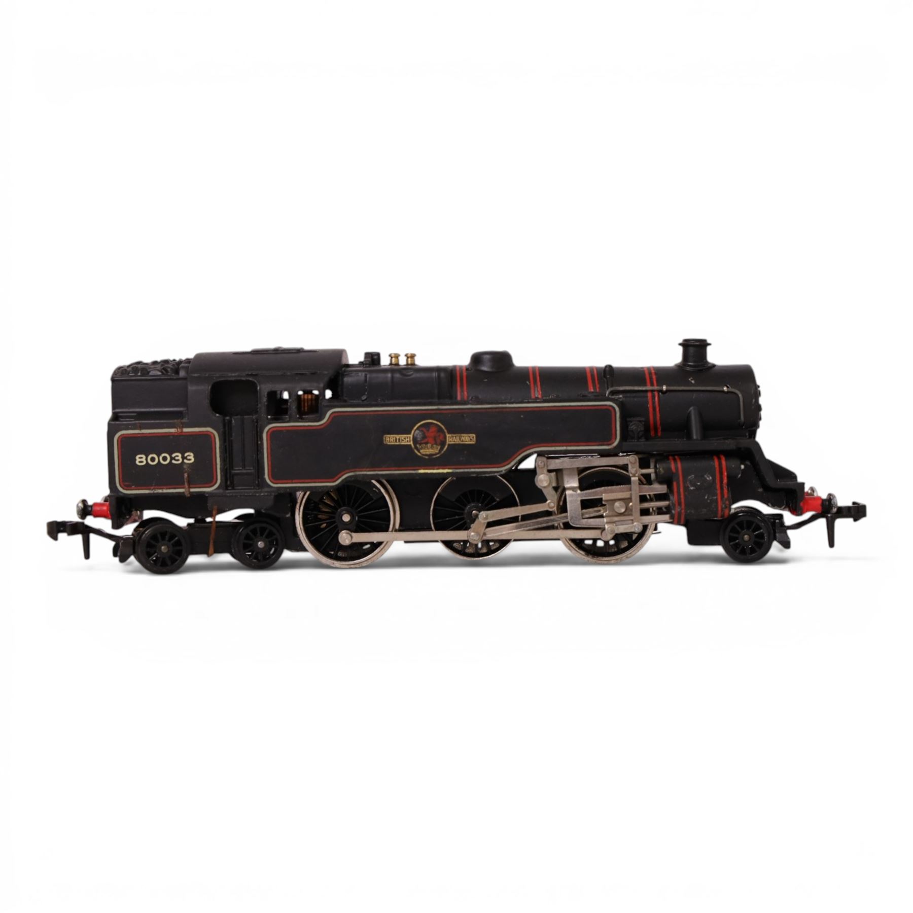Three Hornby Dublo 00 gauge locomotives in black, comprising 2224 L.M.R 2-8-0 8F Locomotive and Tender no. 48073, 2218 2-6-4 Tank Locomotive no. 80033 and 2217 0-6-2 Tank Locomotive B.R. no. 69550, all boxed