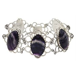 Silver Blue John bracelet, five marquise shaped stones in an open work design setting, stamped