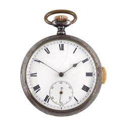 Early 20th century gun metal open face keyless quarter repeating Swiss lever pocket watch, plunge repeat to the side, case stamped 2098 558, white enamel dial with subsidiary dial, in velvet lined Russian? case