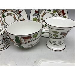 Nine pieces of Coalport and Crown Staffordshire Hunting Scene porcelain including three-piece condiment set, pair of pin dishes, bowl, vase etc