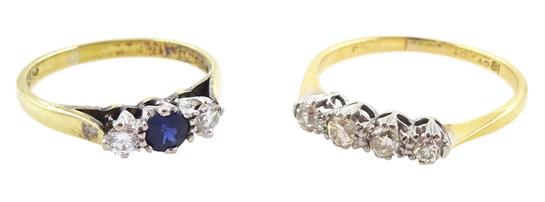 Early 20th century gold four stone old cut diamond ring and a later three stone sapphire and diamond ring, both 18ct