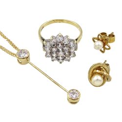 9ct gold jewellery including cubic zirconia cluster ring, cubic zirconia pendant necklace and two single pearl earrings