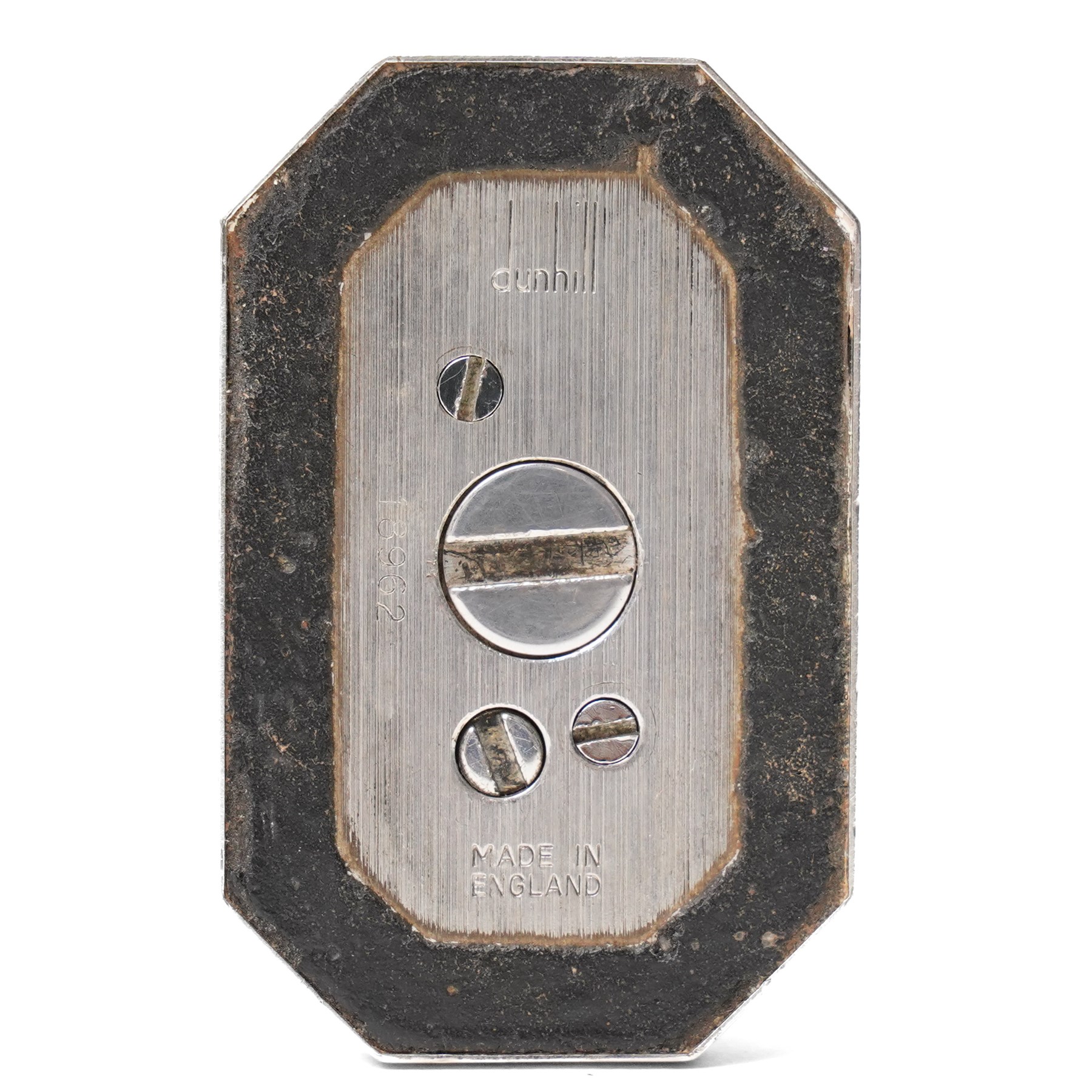 Dunhill - tallboy table lighter, silver-plate with reeded decoration and engine-turned body, on octagonal stepped base H10cm 