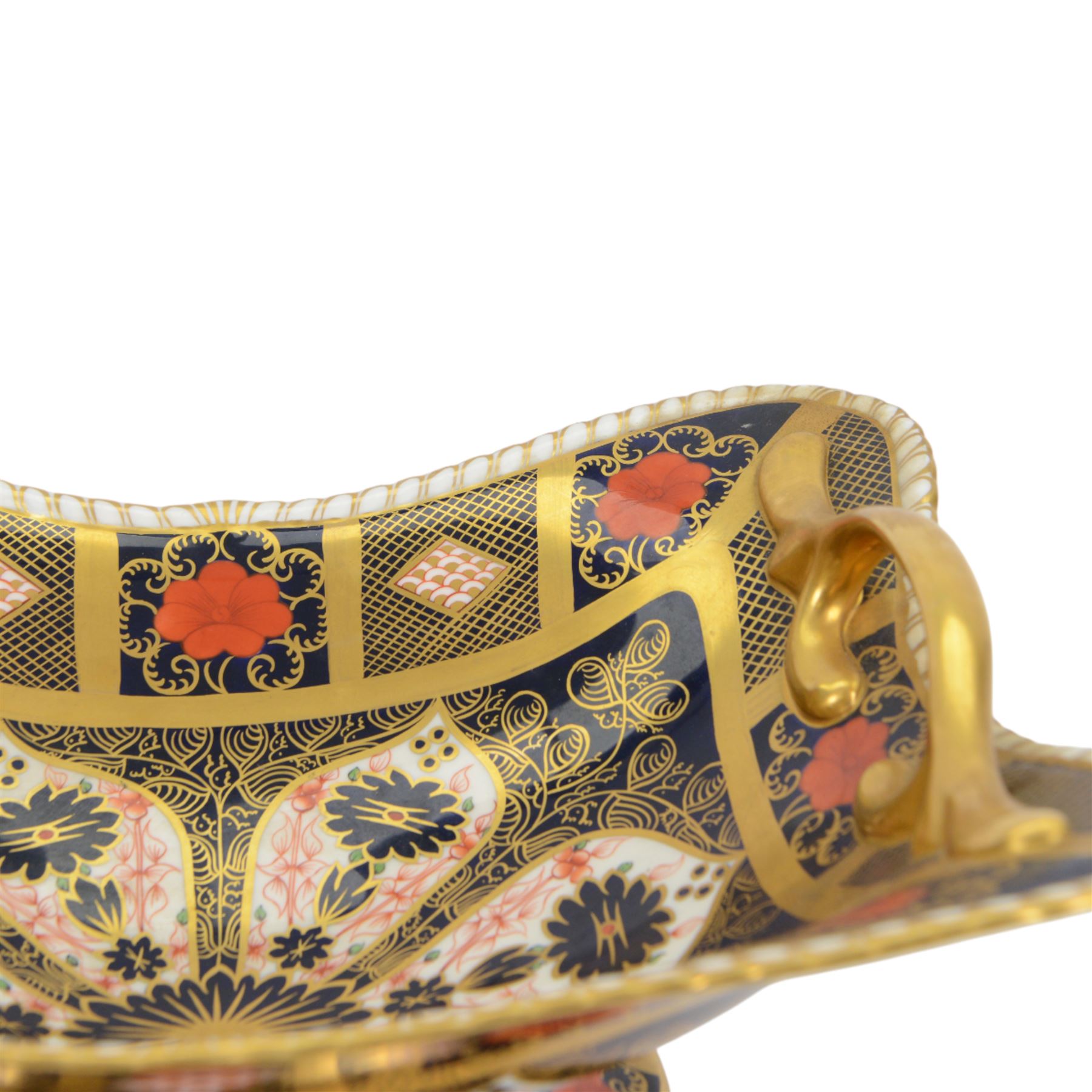 Royal Crown Derby Imari 1128 pattern twin handled comport dish, H12cm, L30cm