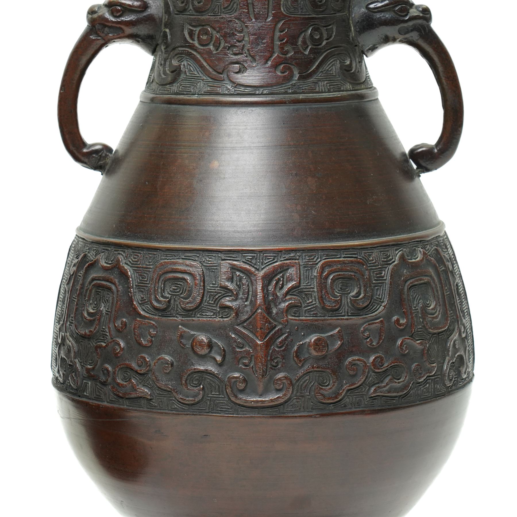 Two Japanese archaistic bronze vases, including stands H32cm and H33cm (2)