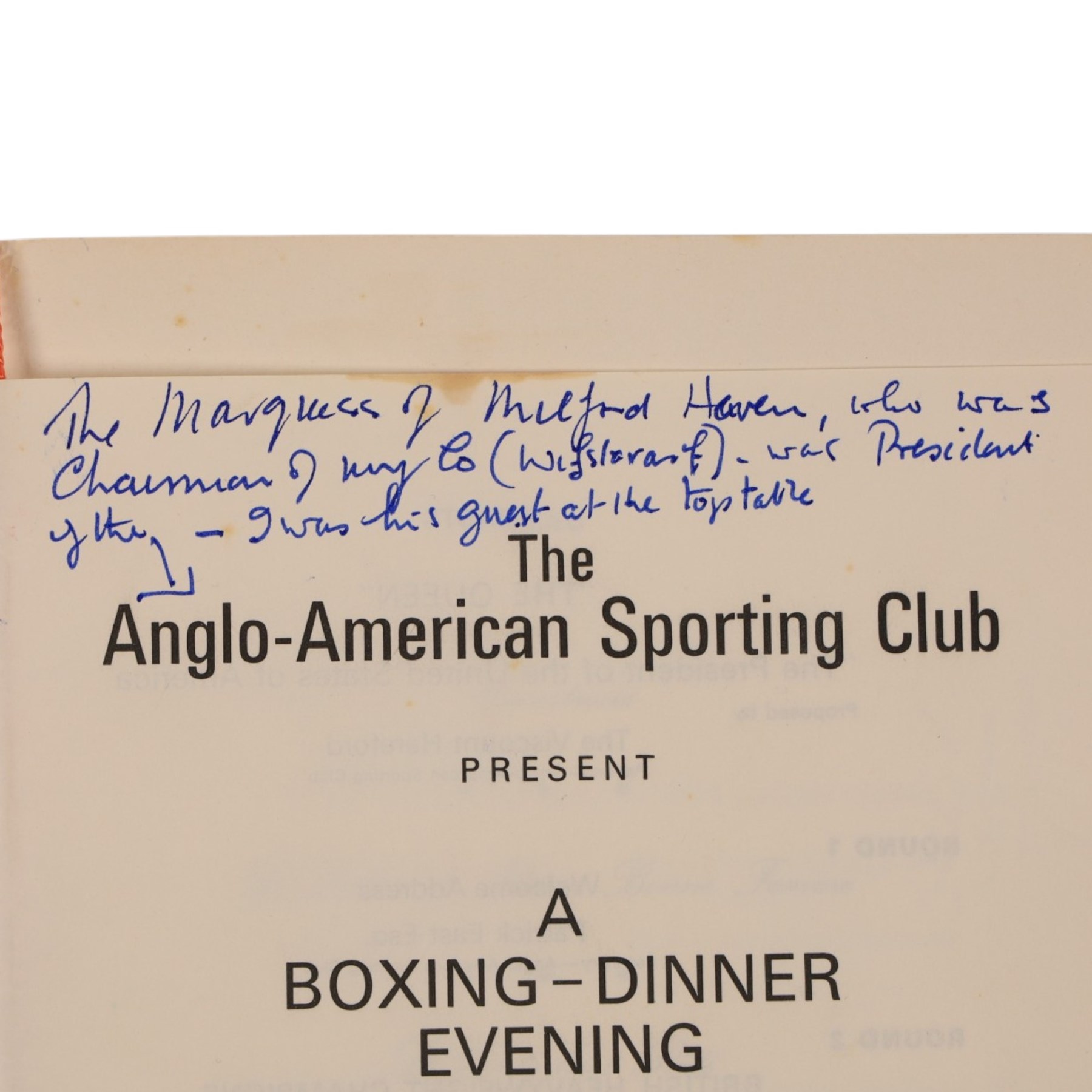 1965 Anglo-American Sporting Club 'A Boxing-Dinner Evening in Honor of Rocky Marciano Esq.' signed menu, with various boxing signatures including Rocky Marciano, Len Harvey, Tommy Farr, Joe Erskine and Charlie Chester