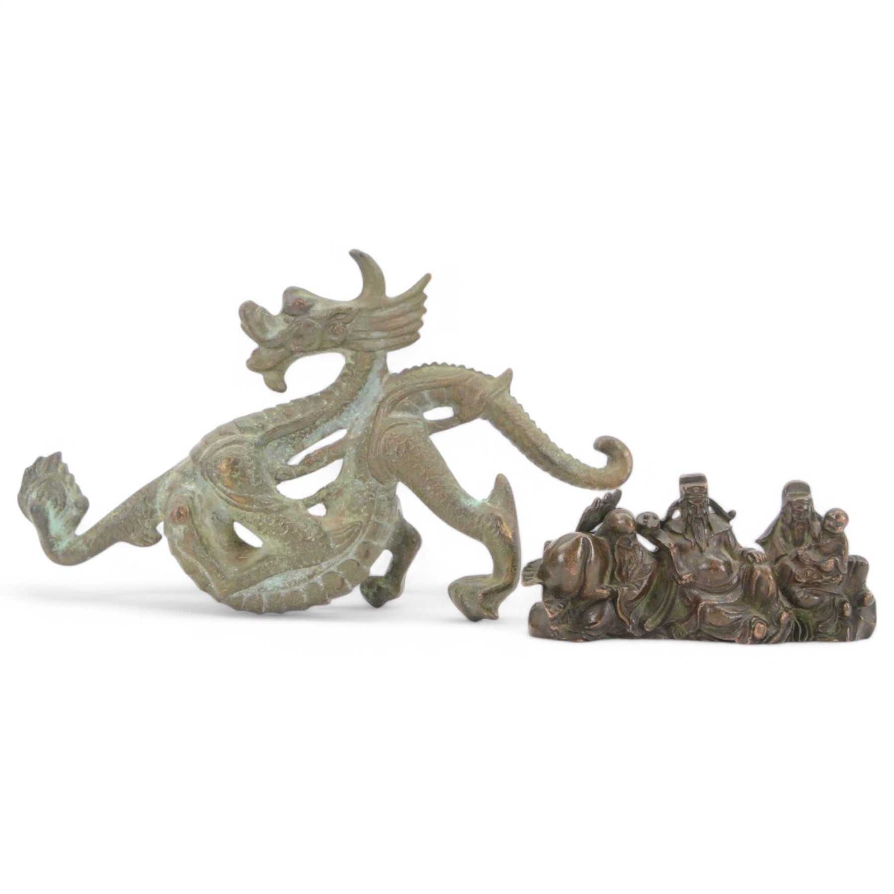 Bronzed Chinese Fu Lu Shou figure group, together with a dragon sculpture  