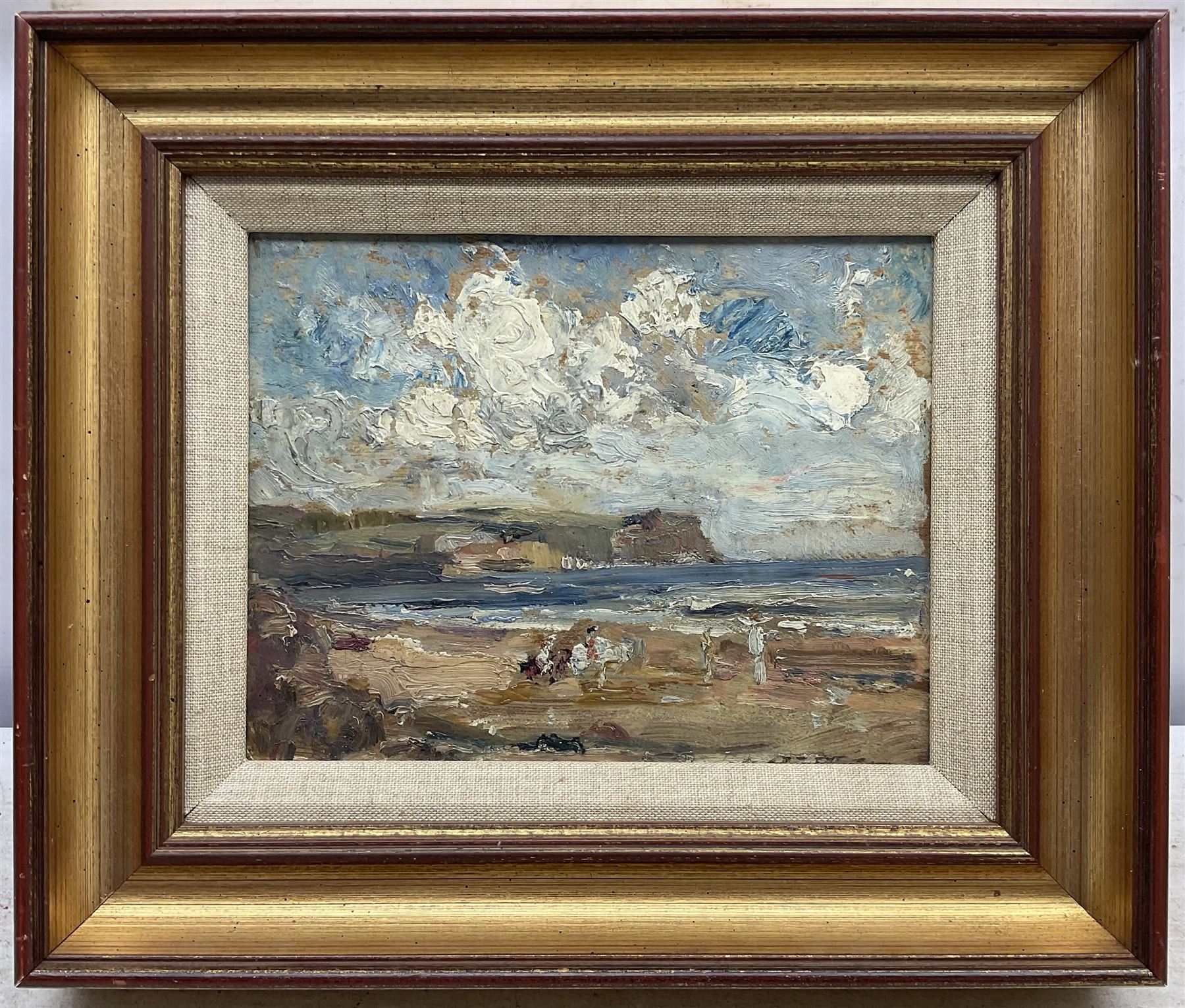 Margaret Fletcher Leadbitter (British exh.1908-1940): 'A Sunny Morning' - On the Beach near Robin Hood's Bay, oil on panel, signed titled and dated 1910 on label verso with artist's Harrogate address 18cm x 23cm