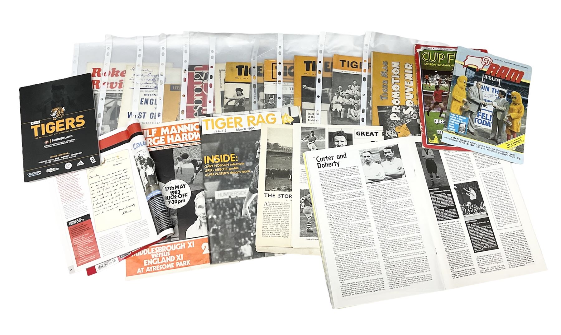 Raich Carter interest - four Hull City Tiger Mags 1949-50 and Promotion Souvenir 1948/49; Sunderland, Leeds, Middlesbrough, Hull City and England match programmes; Victor pirate F.A. Cup Final programme 1951; various magazine articles etc. Provenance: By direct descent from the family of Raich Carter having been consigned by his daughter Jane Carter.