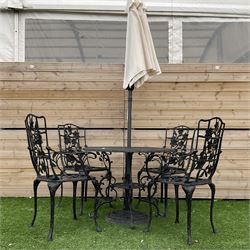 Victorian design - cast aluminium circular garden table, four chairs and parasol with base - THIS LOT IS TO BE COLLECTED BY APPOINTMENT FROM DUGGLEBY STORAGE, GREAT HILL, EASTFIELD, SCARBOROUGH, YO11 3TX