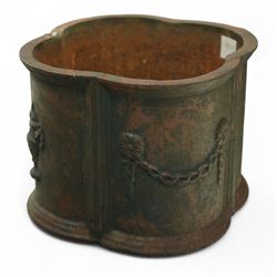 Matched pair of 20th-century cast iron neoclassical style planters, scalloped form with ornamental swag motifs in relief, one planter, probably later, 26cm wide x 22cm high, 29cm wide x 24cm high 