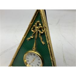 Kitney & Co small desk clock, in green guilloche enamel case of triangular form, decorated with gilt throughout, raised upon two bun feet, H12cm