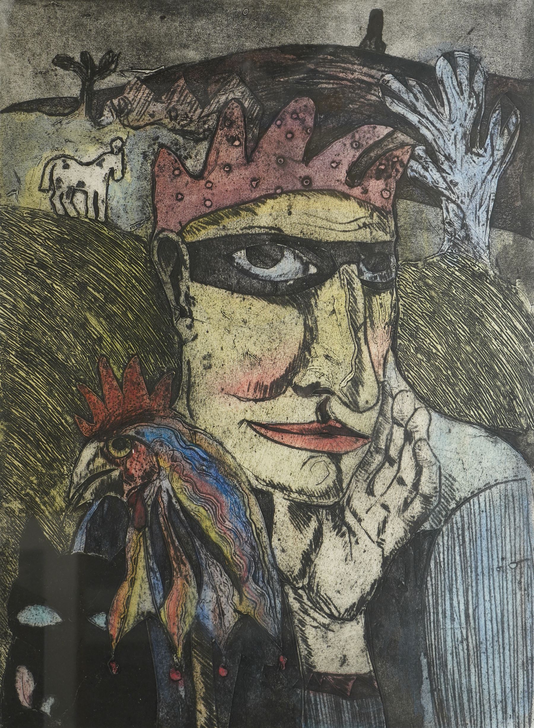 Adrienne Craddock (British Contemporary): 'A Fool Revealing Wisdom', etching in colours signed titled dated '90 and numbered 4/10 in pencil 74cm x 54cm
