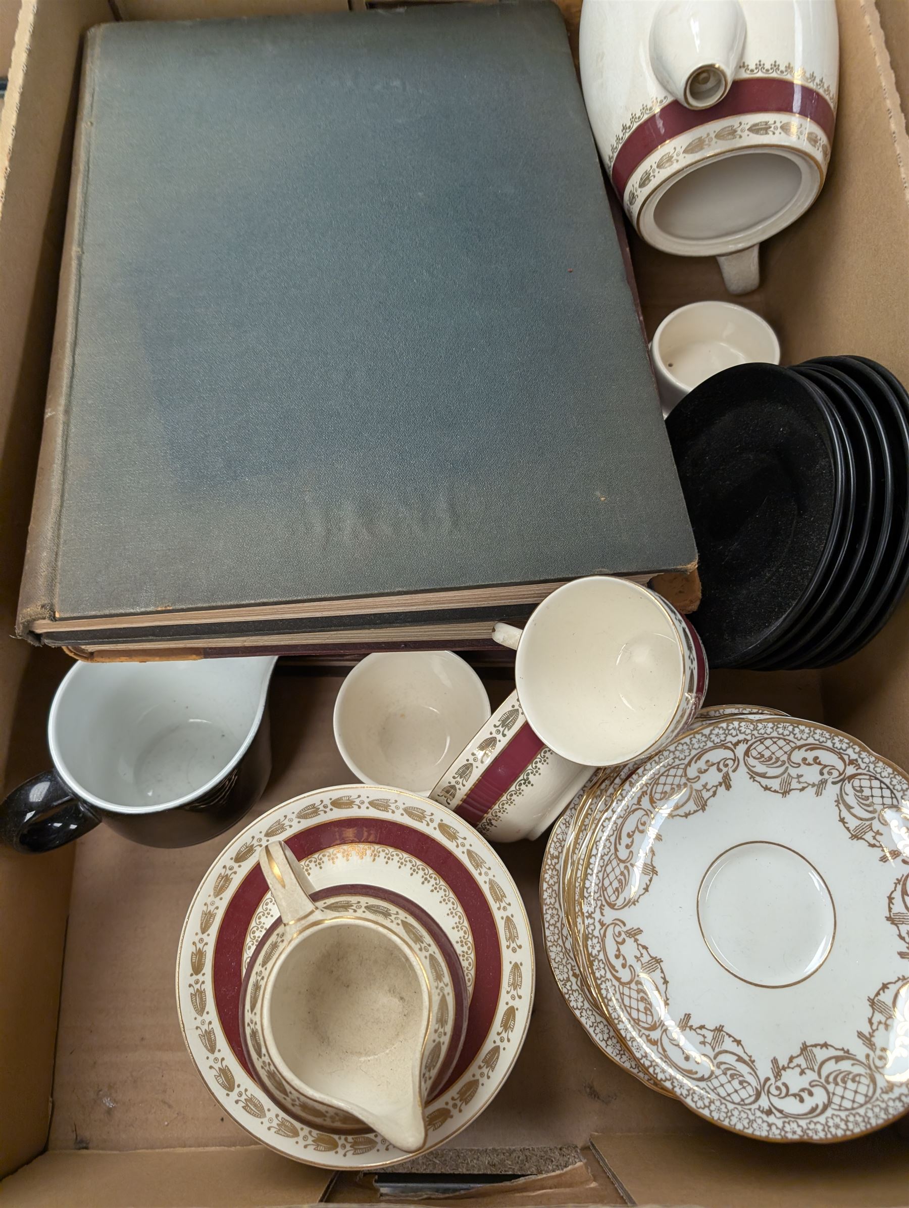Portmeirion Greek Key pattern part coffee service, early 20th tea set, Nelson and His Times book, Navy and Army in two volumes, and other ceramics, in two boxes