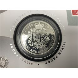 Five The Royal Mint Royal Mail silver proof coin covers, comprising 2021 'HG Wells' with two pounds, 2021 'HM The Queen's 95th Birthday' with five pounds, 2022 'Her Majesty The Queen's Platinum Jubilee 70 Years' with five pounds, 2022 'Her Majesty The Queen's Platinum Jubilee 70 Years' with fifty pence and 2022 '150 Years of The FA Cup' with two pounds, all in Royal Mail card boxes