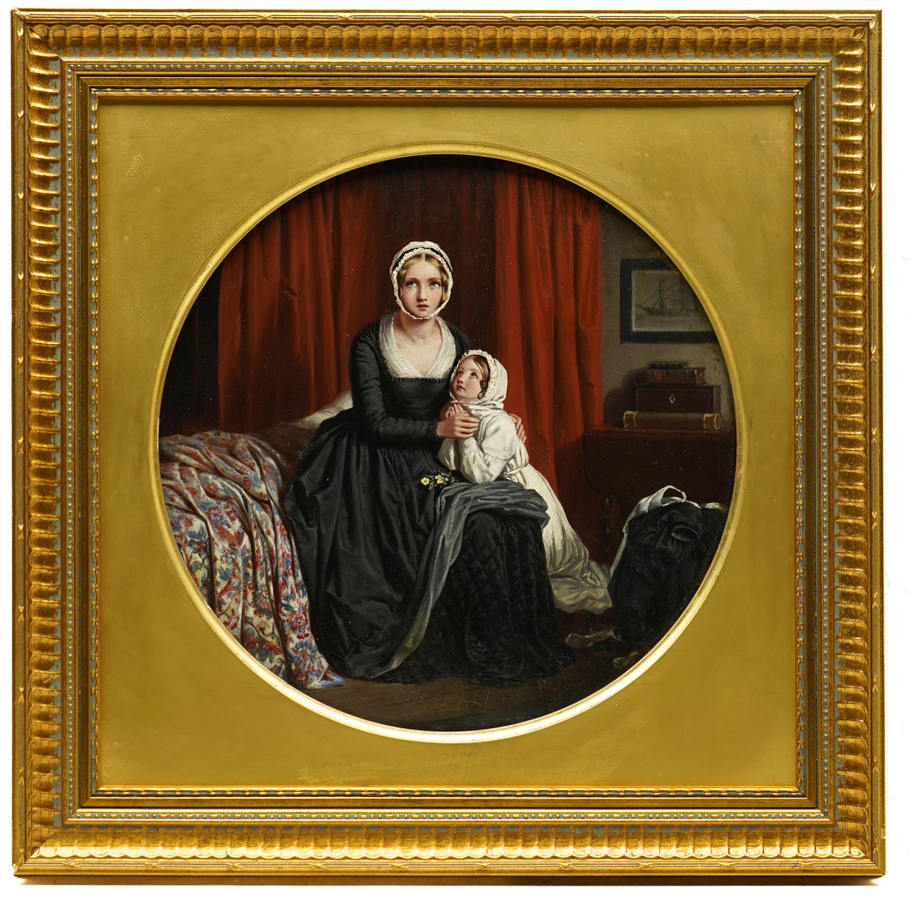 Walter Francis Tiffin (British fl.1845-1867): Portrait of a Lady in Mourning with Young Girl in a Bedroom Interior, circular oil on panel signed and dated 1850 verso 25cm x 25cm