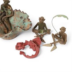 Joan Bideau dish, modelled as a leaf with seated goblin figure, together with three others  and studio pottery dragon by Jane Tudor
