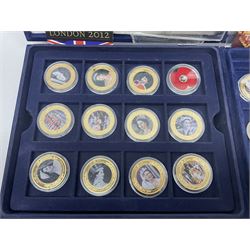 Mostly commemorative coins, including crowns, Queen Elizabeth II 2009 countdown to London 2012 five pound coin on card, 'The 2012 Diamond Jubilee' coin set in card folder, Cook Islands 2013 one dollar commemorating 'Coronation sixty years 1953 2013' etc