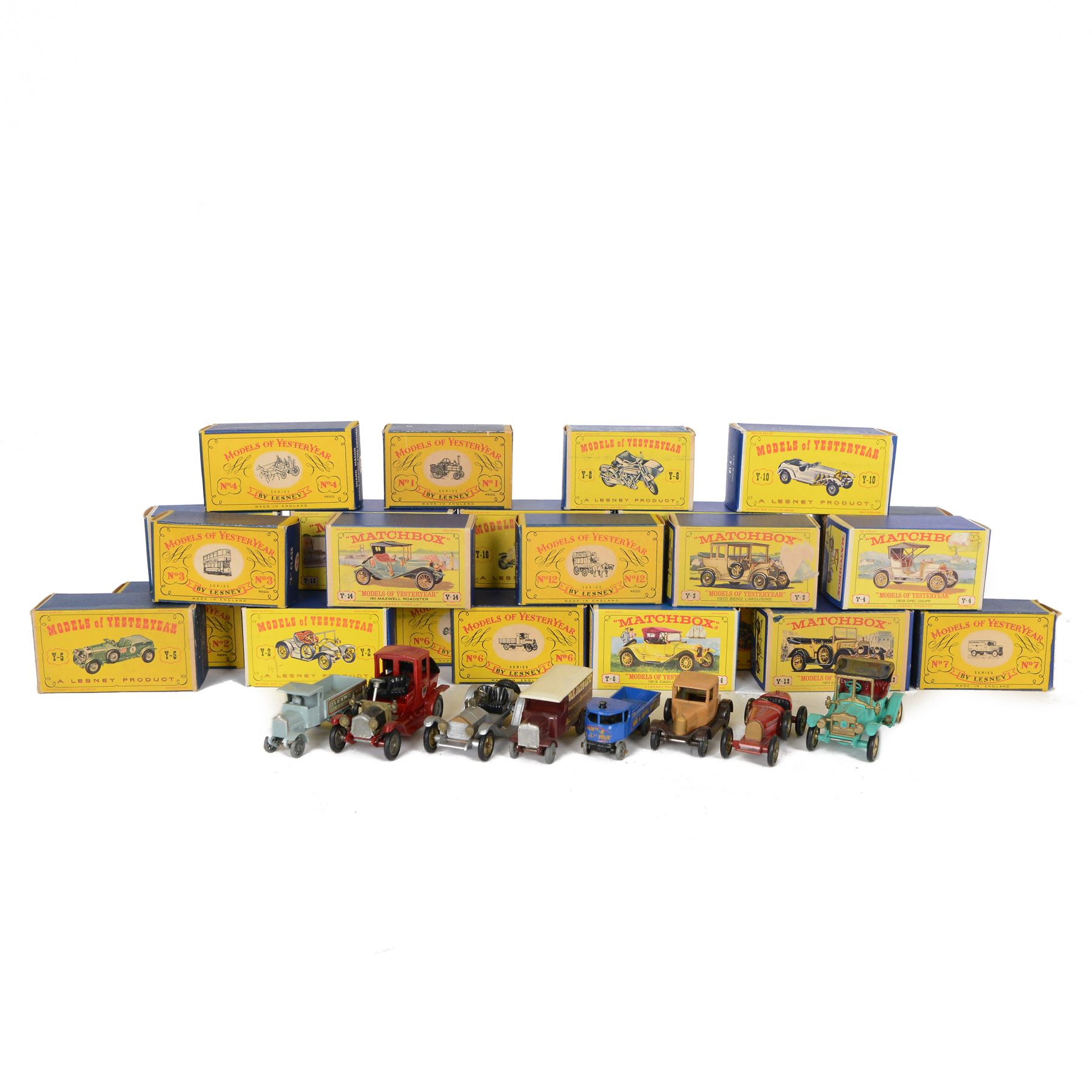 Thirty-four Matchbox/Lesney Models of Yesteryear diecast models, including Lesney No. 12 Horse Bus, No. 3 Tramcar, No.6 Supercharged Bugatti Type 35, No.2 London Bus and No.4 Shand Mason Horse Drawn Fire Engine, twenty-six boxed, eight loose