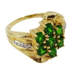 14ct gold green garnet cluster ring, with diamond set shoulders, hallmarked