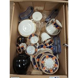 Silver plated teapot, sauce boat and trophy cup, together with Royal Doulton and Roslyn tea wares, Brio game, and other ceramics and glassware, in two boxes 