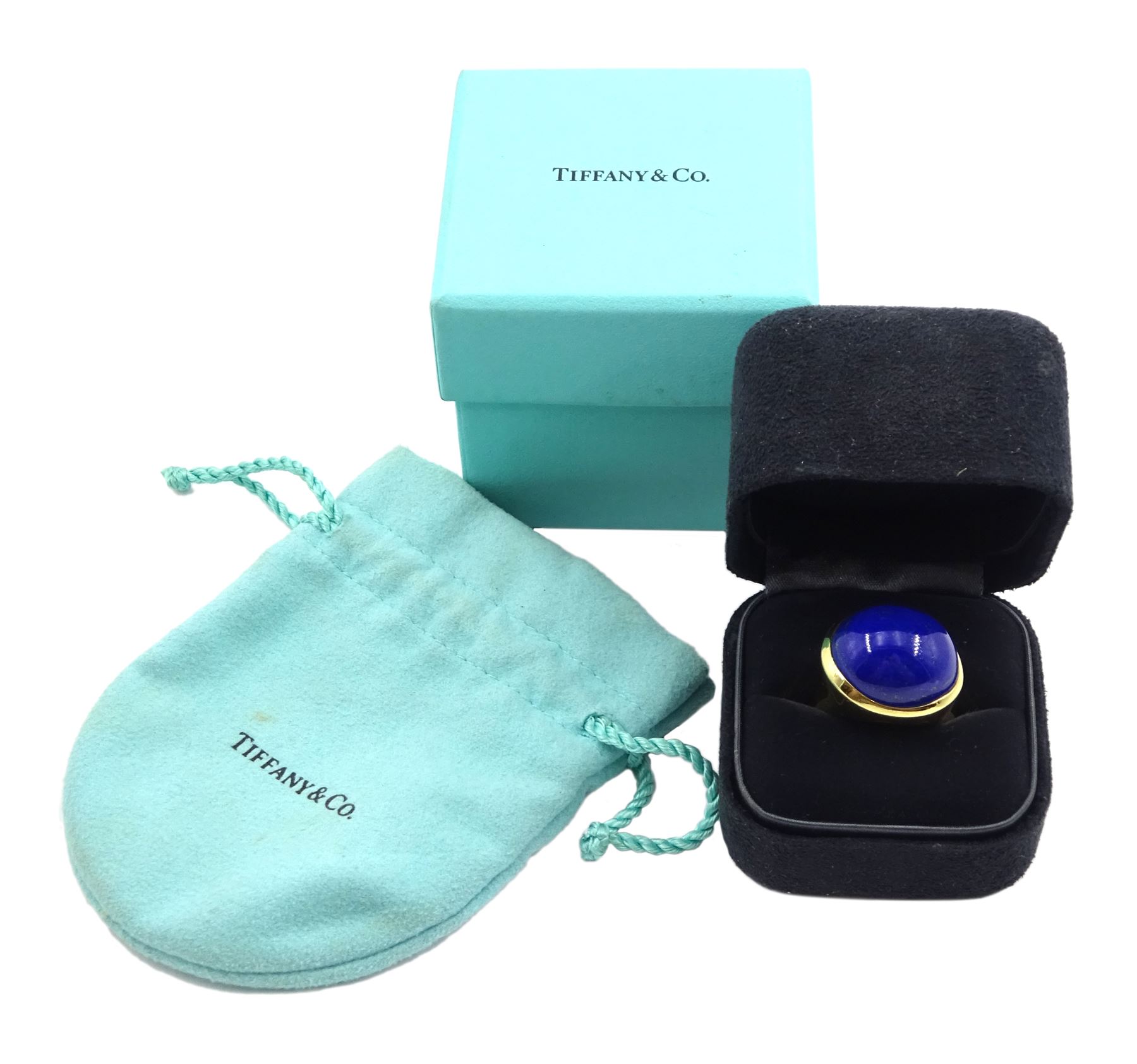 Tiffany & Co 18ct gold cabochon lapis lazuli ring by Elsa Peretti, stamped 750 with signature, boxed
