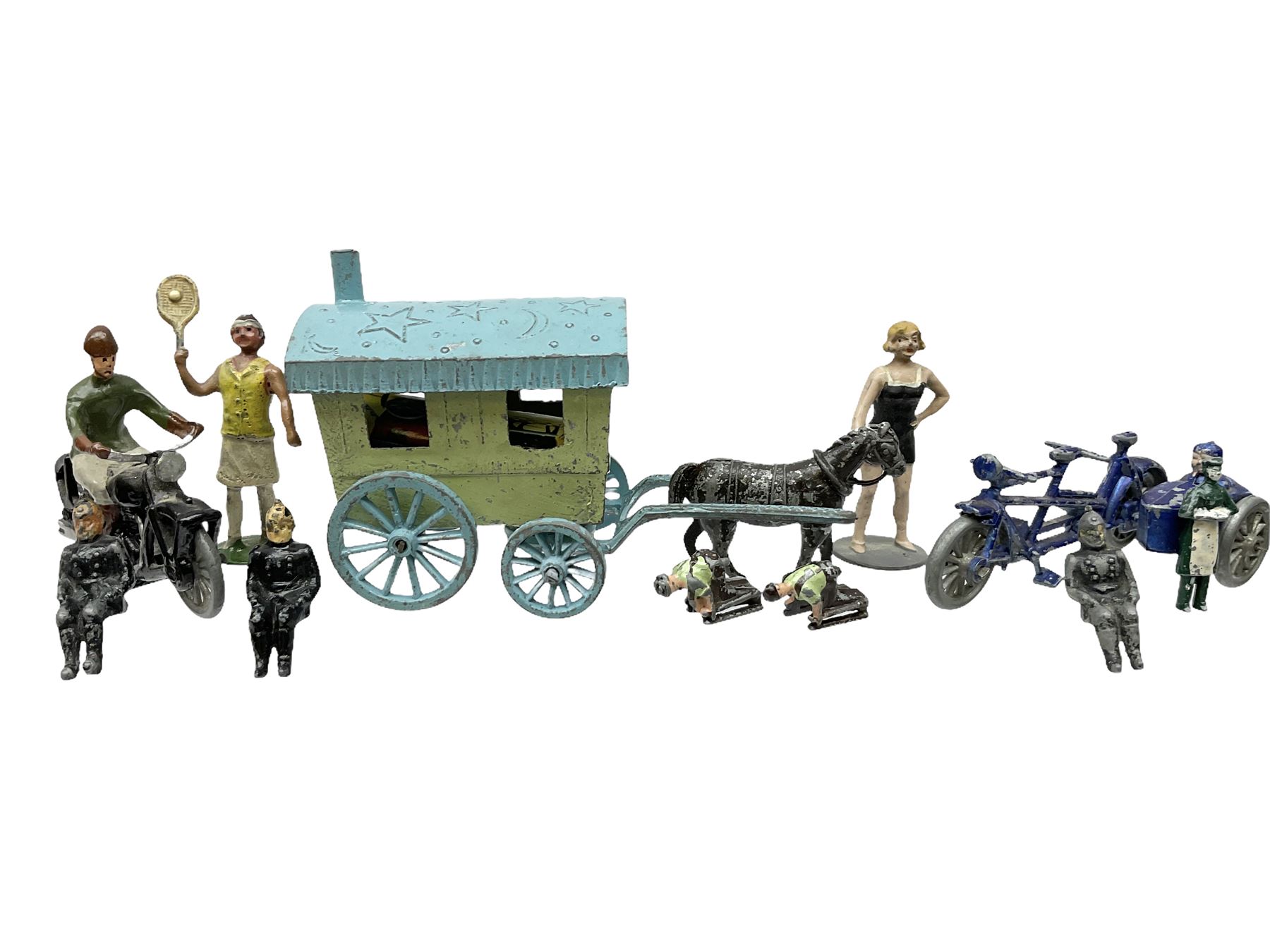 Selco Services gypsy caravan with horse, figure and steps; die-cast tandem combination; motorcycle with rider; die-cast girl-on-swing; and twelve various lead figures by Johilco etc