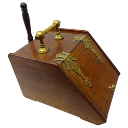  Victorian oak fall front coal box, brass strapwork hinges and handles, with tin liner and shovel, L45cm mao1303  