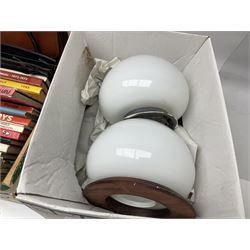 Collection of silver plated cased cutlery including part canteens and butter knives, together with other metal ware including J&J Siddons iron, horse brasses and a copper kettle, 1970s children's annuals including Beano, two handbags and three suitcases, vintage tins etc, in four boxes 