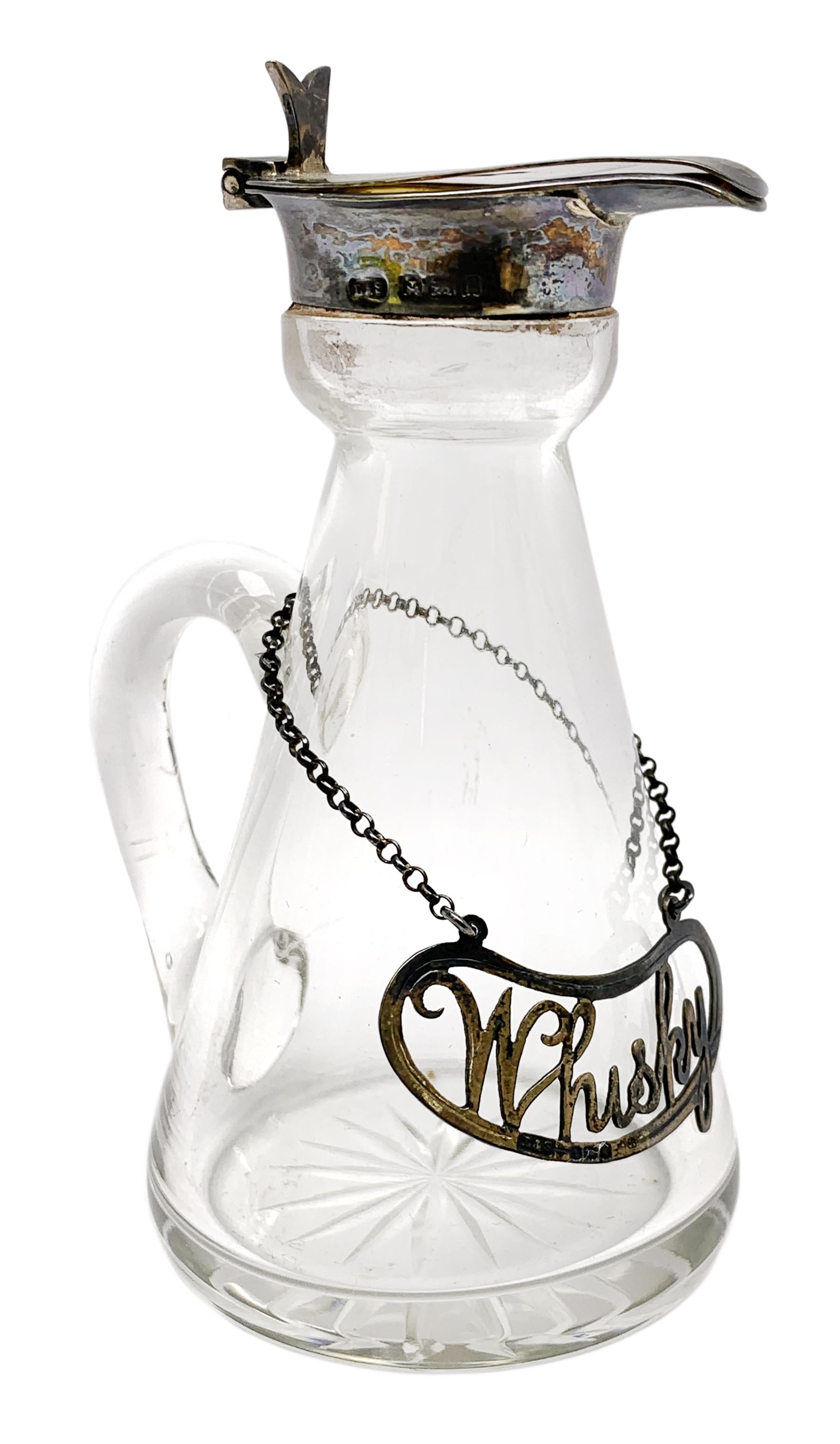 Edwardian silver mounted whisky noggin, of tapering cylindrical form with hinged flat cover, H11cm, together with a silver whisky label, each hallmarked Levi & Salaman, Birmingham 1909