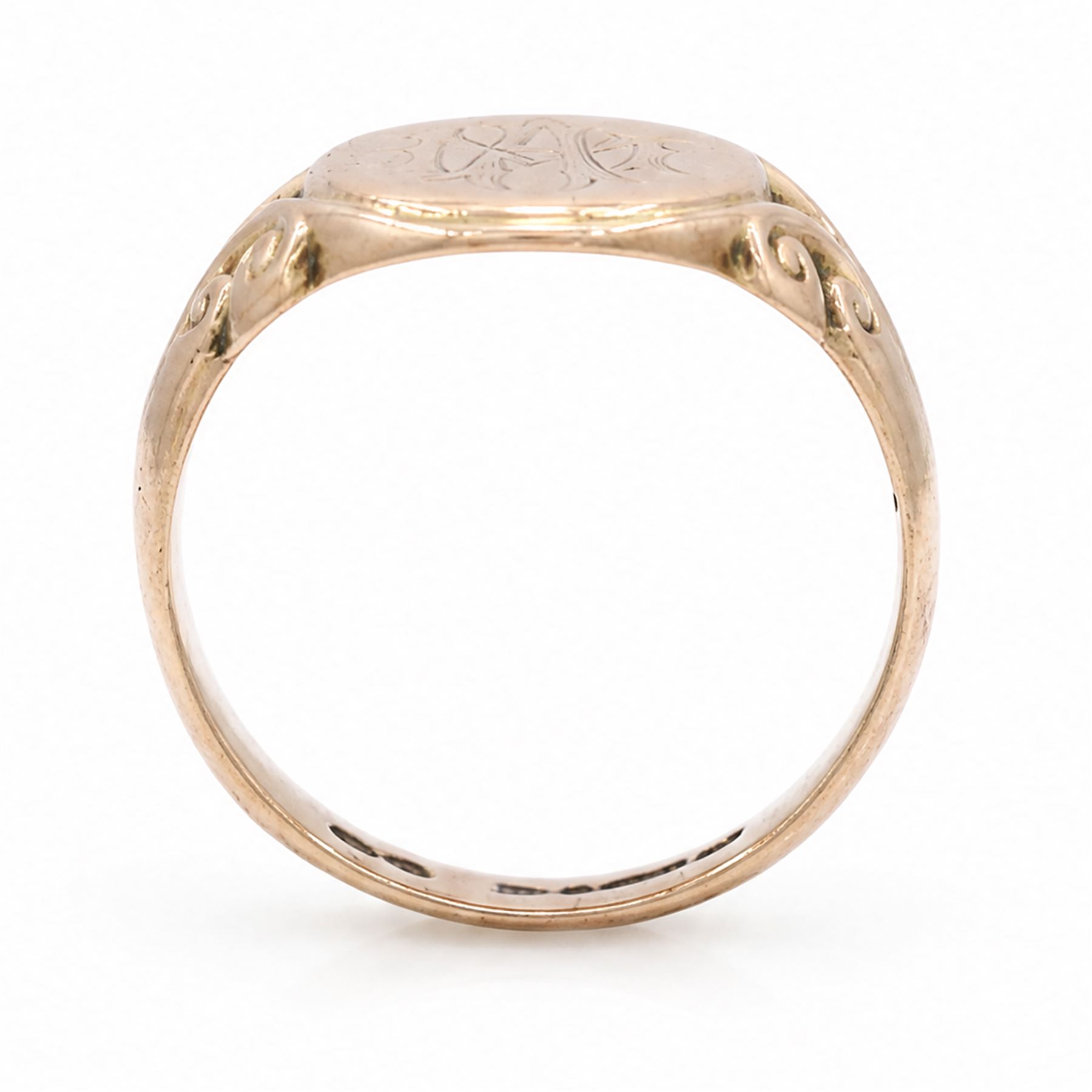 9ct rose gold signet ring, monogrammed with initials 'MA', with scroll design shoulders, Chester 1915