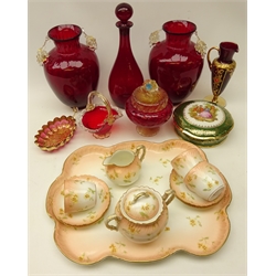  Pair Ruby glass vases, the handles moulded as grape vines, Italian glass jar & cover with gold fleck inclusions, Venetian glass dish with gilded decoration, other glass & a Limoges cabaret set etc  