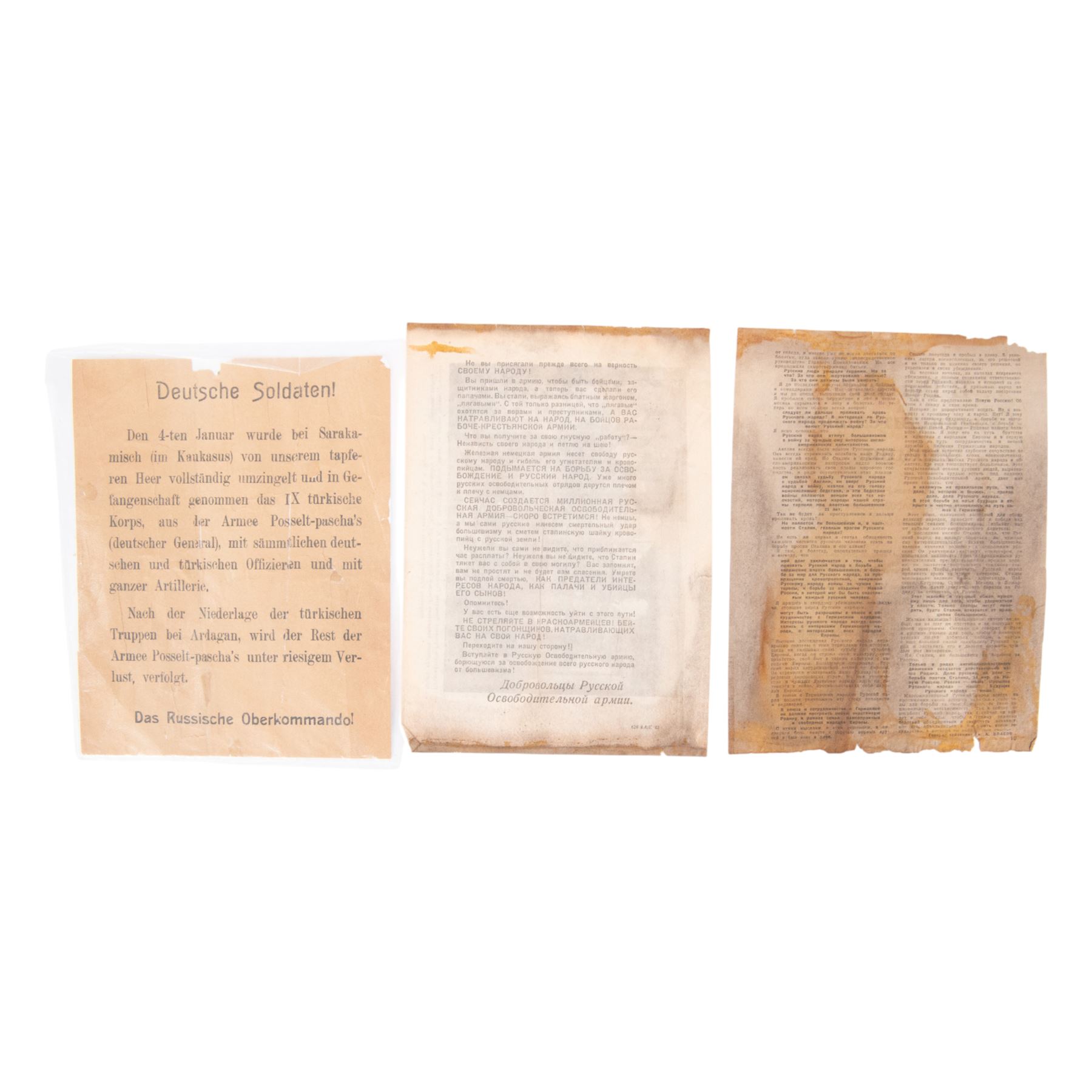 WWI Russian airdrop propagander leaflet, together with two WWII propagander leaflets, Victory at Sarakamish and Ardagan Great War