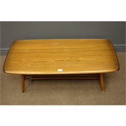  Ercol rectangular coffee table, turned supports and undertier, W105cm, H37cm, D47cm  