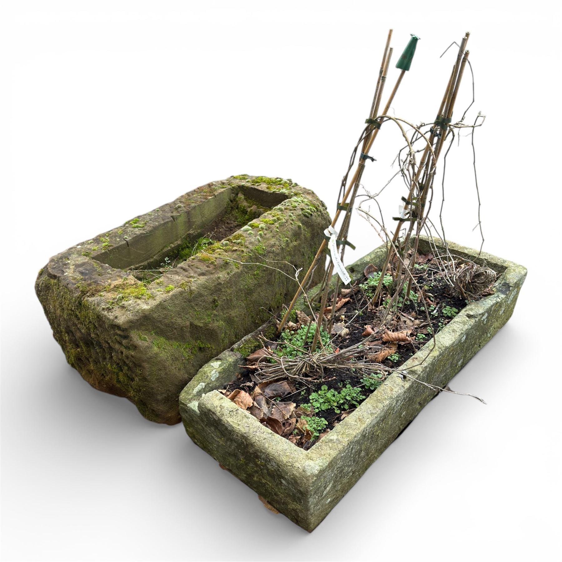 Two 19th century hewn stone planters, one planted