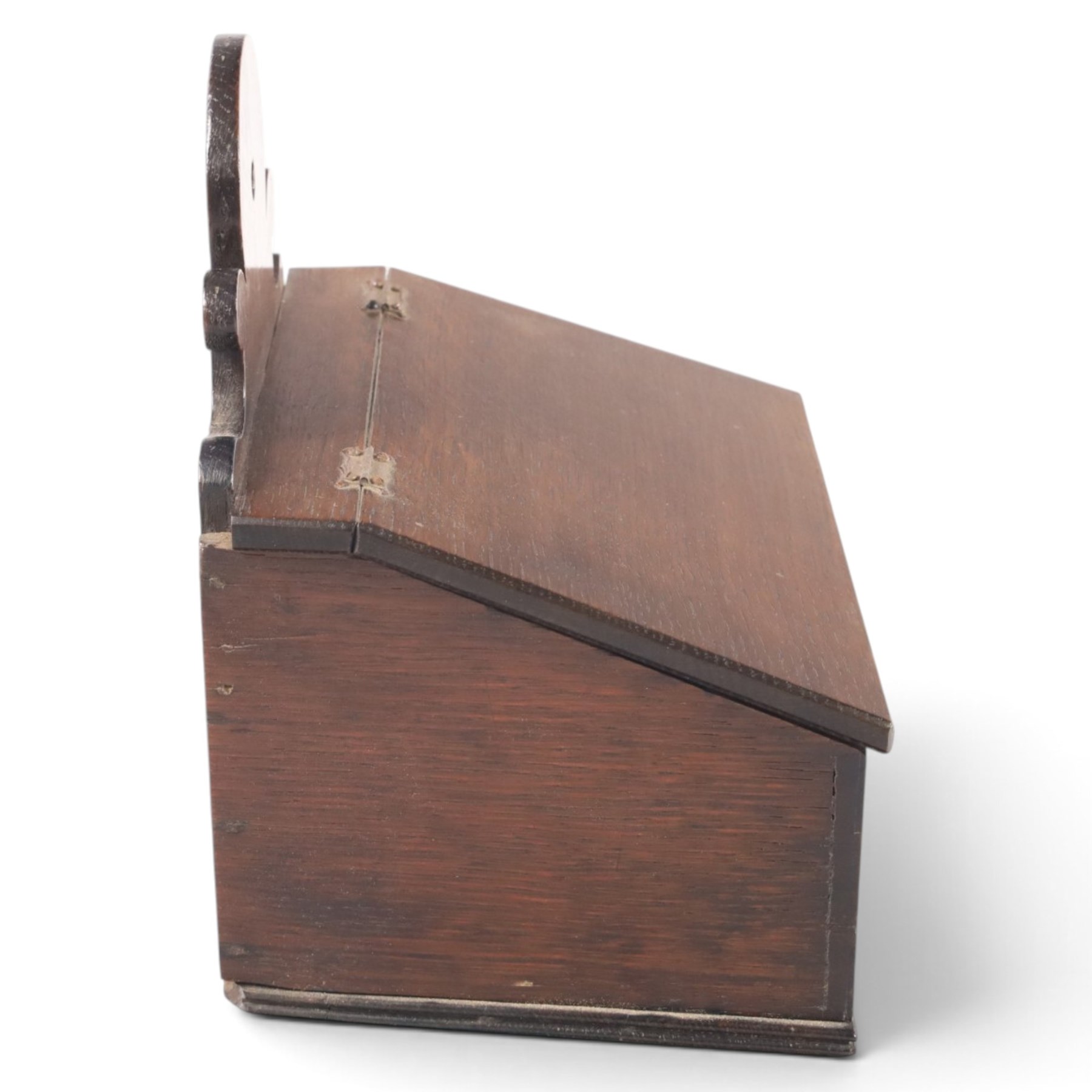 19th oak candle box, of rectangular form with hinged lid, the front with inlaid heart decoration, H25cm  