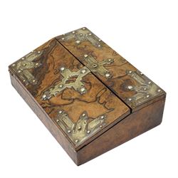 Victorian figured walnut writing slope, with brass mounted gothic decoration to cover opening to reveal purple slope, and compartmentalised interior, with key, W35cm