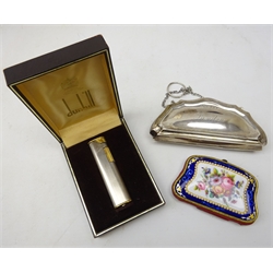  Silver purse with chain by Henry Williamson, Birmingham 1919, 19th Century enamel and guilloche purse, jewelled cartouche of floral sprays and scrolls to reverse, within gilt metal frame and Dunhill cased Dress Lighter with original guarantee and instructions   