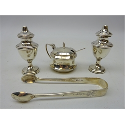  Pair silver salt & peppers by Henry Perkins & Sons, Birmingham, 1919, silver mustard with blue glass liner and spoon, pair silver chased sugar tongs, London 1919, Victorian silver-plated tea and coffee pots, pierced bon bon dish, egg cruet, pierced dish with swing handle, glassware and other plate in two boxes  