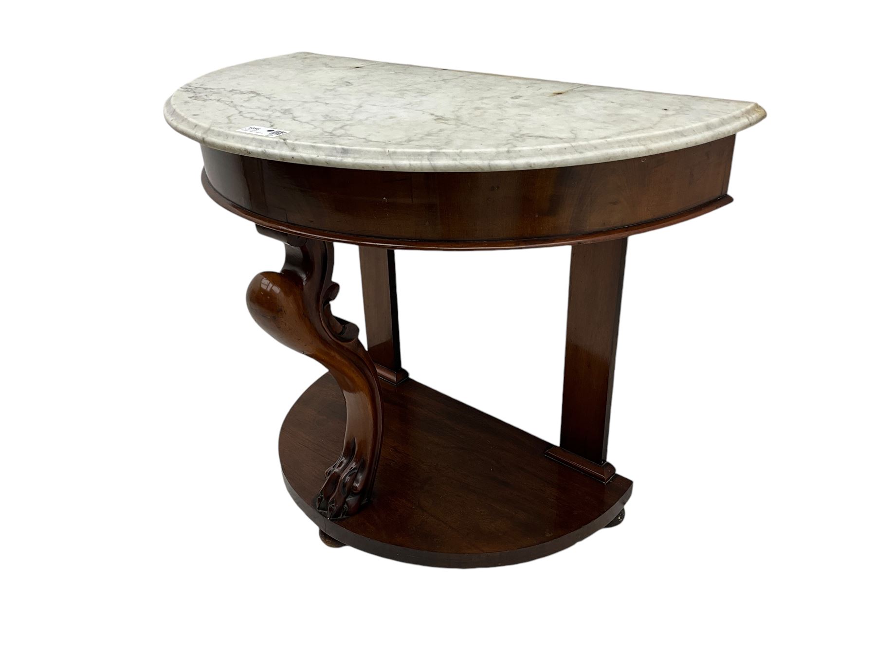 Victorian mahogany and marble demi-lune console table, moulded white and grey veined marble top, on cabriole support carved with paw, demi-lune undertier over compressed bun feet 