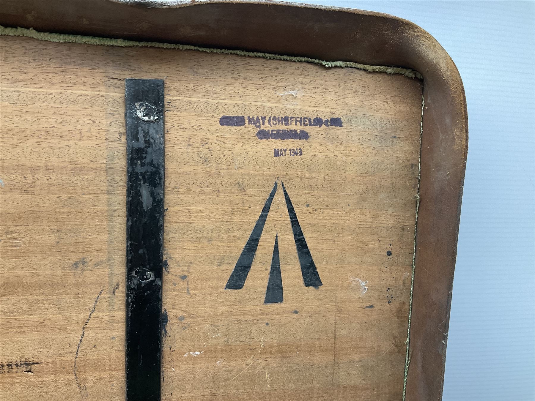 WW2 British Army RAMC 'Regimental Medical Pannier', well marked externally and dated 1941, stamped May 1943 internally, canvas covered wicker form with leather edges, hinged top and fall front with two rope carrying handles, fitted iron locking straps with securing chains; contains various unused field dressings and bandages with WW2 dates and two pillows; original label under lid L79cm